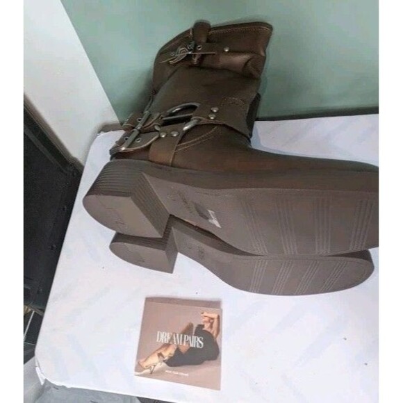 Women Mid Calf Boots PU Square Toe Motorcycle Adjustable Buckles Riding 8.5 & 9 - Picture 9 of 14